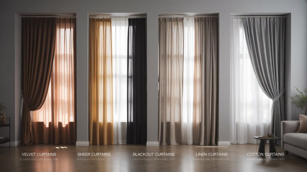 Luxury curtains for the living room, including velvet, sheer, blackout, linen, and cotton styles that enhance a modern and elegant home interior.