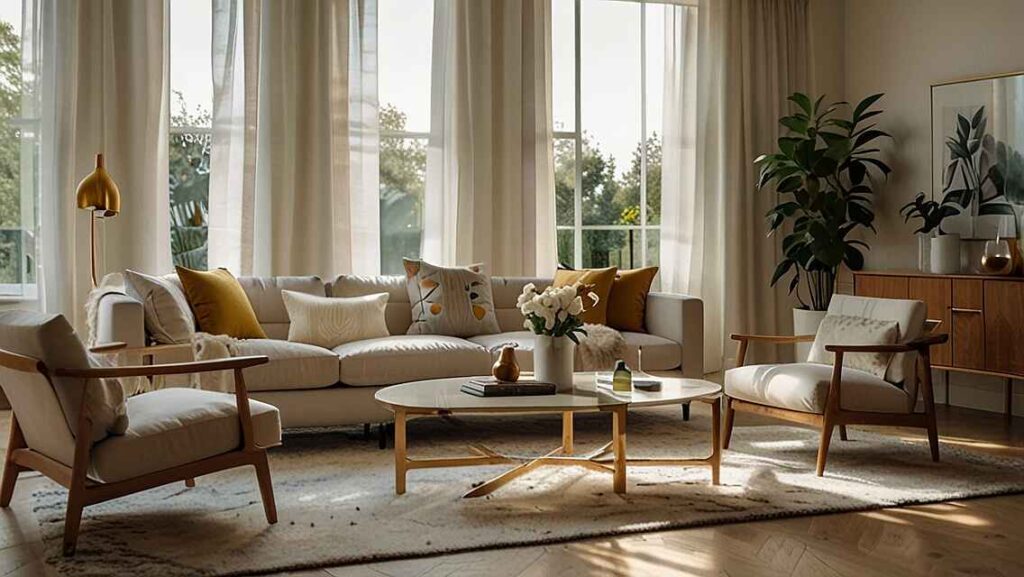 Sunny living room decorated with modern curtain ideas, elegant furniture, indoor plants, and natural light enhancing the cozy and stylish atmosphere.