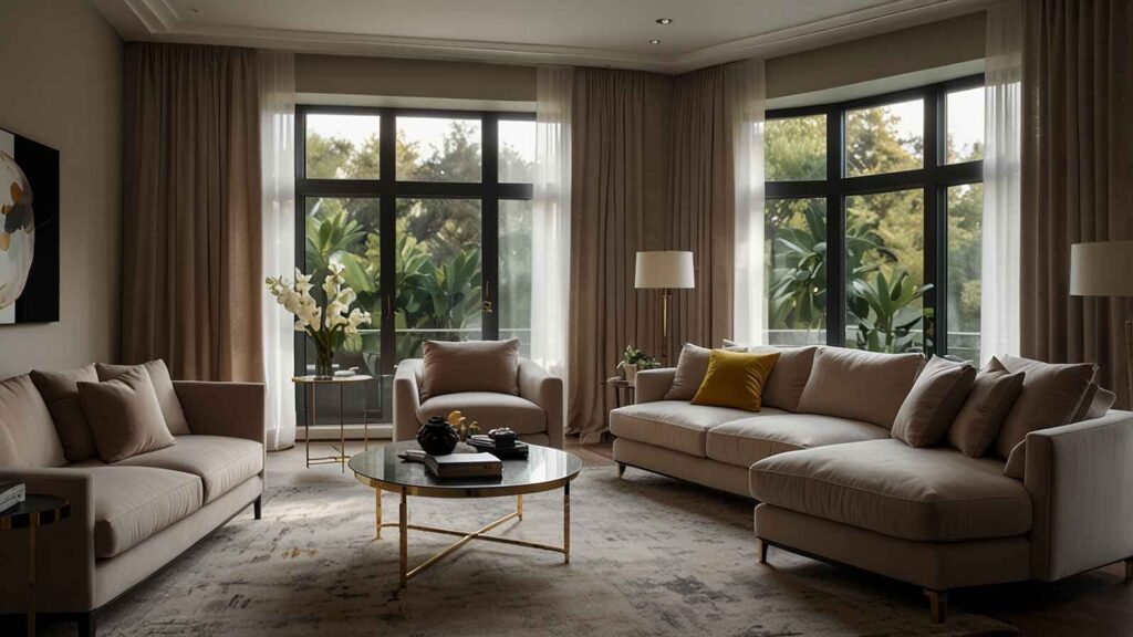 A stylish living room with floor-to-ceiling beige drapes and sheer panels, showcasing modern curtains for living room décor with a cosy and elegant ambiance.