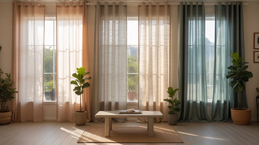 A bright, modern living room with large windows dressed in different curtain fabrics—soft, sheer cotton, textured linen in neutral tones, and darker shaded velvet—styled with potted greenery, natural sunlight, and a clean, inviting interior.