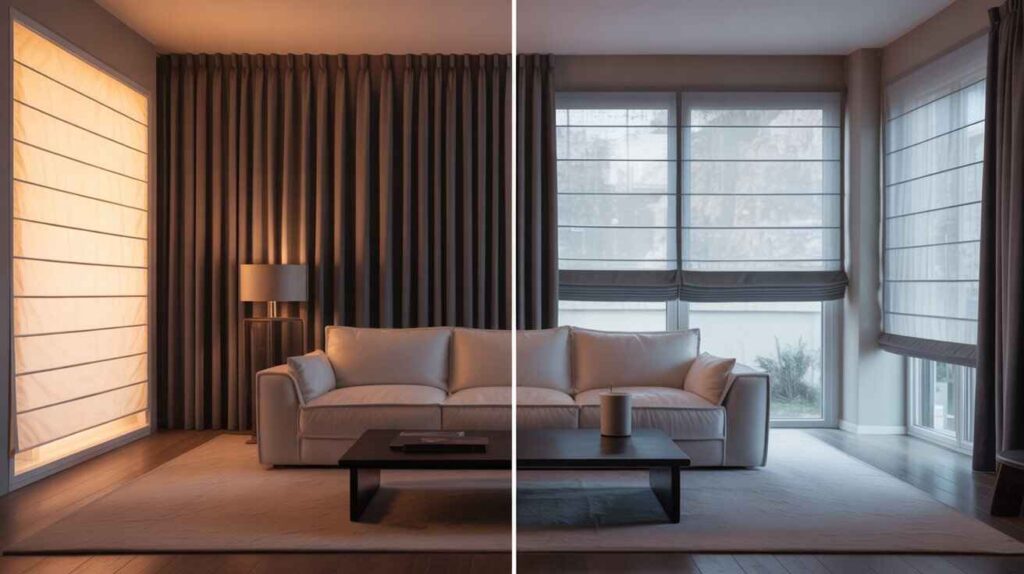 A modern living room featuring a white sofa, wooden coffee table, blackout curtains on one side, and Roman blinds on the other side for a stylish contrast.
