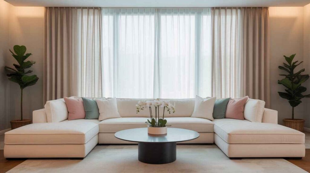 Modern minimal curtains in a stylish living room with a white sectional sofa and soft pastel pillows
