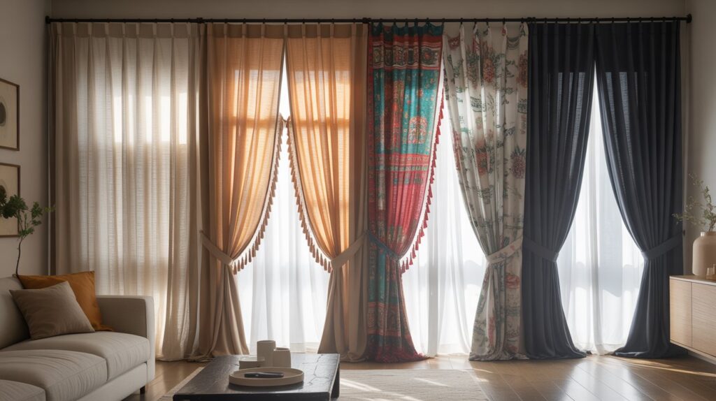Perfect curtains for the living room, featuring elegant beige, patterned, and dark drapes that create a stylish and cosy home interior.