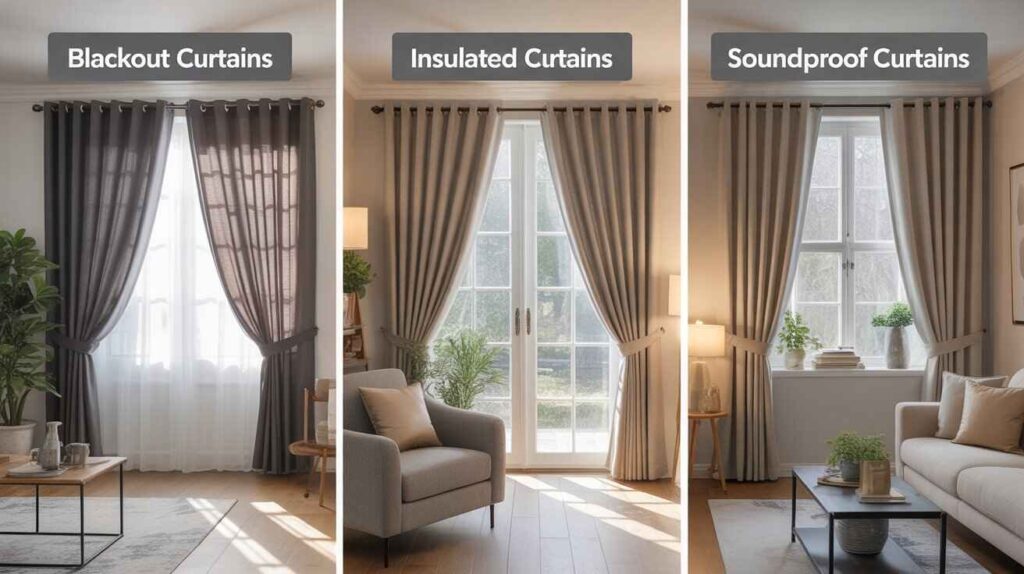 
A modern living room showcasing popular curtains for living rooms in different styles, including blackout, insulated, and soundproof options.