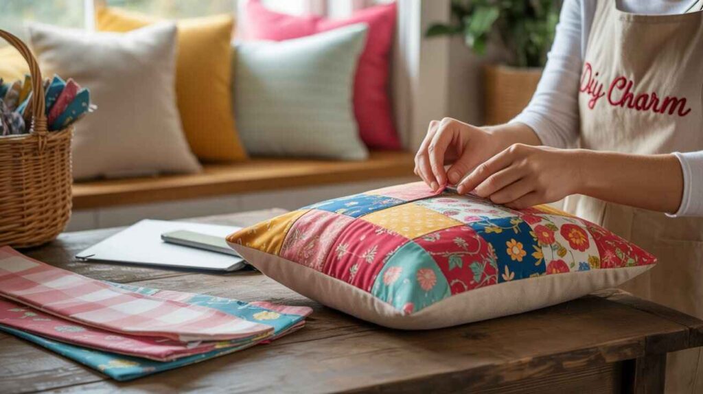 Hands sewing a DIY cushion cover made from repurposed old curtains with colorful fabric scraps on a wooden table, showing creative and eco-friendly home décor projects like table runners, reusable shopping bags, and aprons.