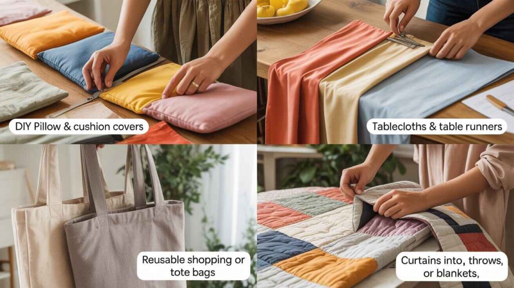 Four-panel image showing DIY ideas for repurposing old curtains: sewing pillow and cushion covers, making tablecloths and table runners, creating reusable shopping tote bags, and turning curtains into quilts, throws, or blankets for sustainable and creative home décor.