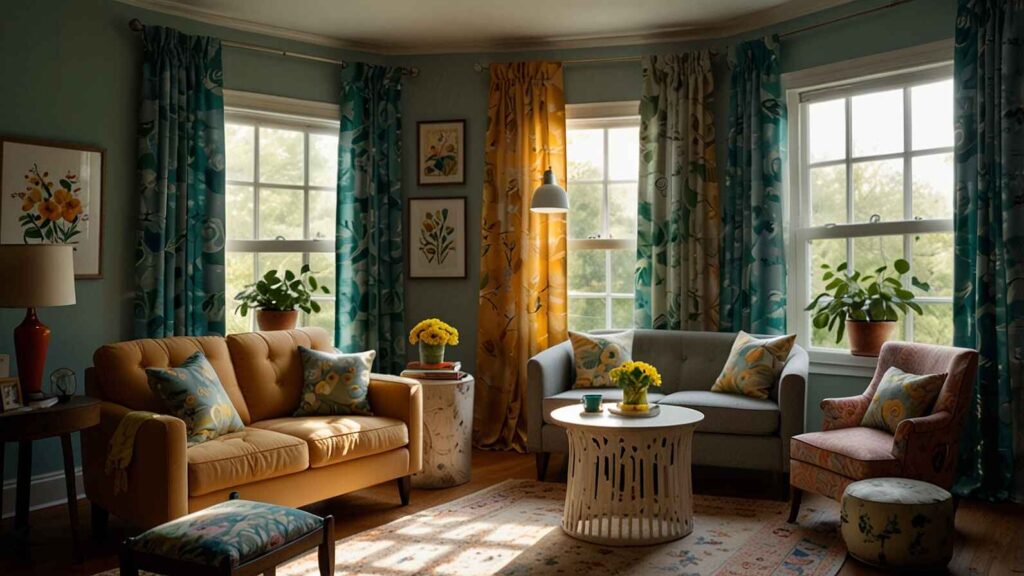 Creative ways to reuse curtains for home decor, showing a cozy living room with colorful drapes, soft cushions, indoor plants, and natural light.
