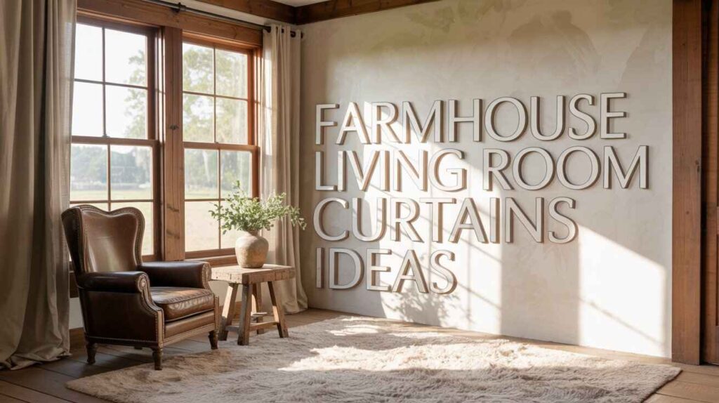 Rustic living room curtain ideas with neutral drapes, wooden window frames, leather armchairs, and cozy farmhouse décor.