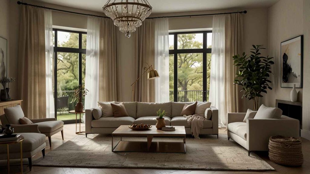 A luxurious living room with floor-to-ceiling beige drapes styled as the top modern curtains for a living room, complementing neutral sofas, indoor plants, and elegant decor.