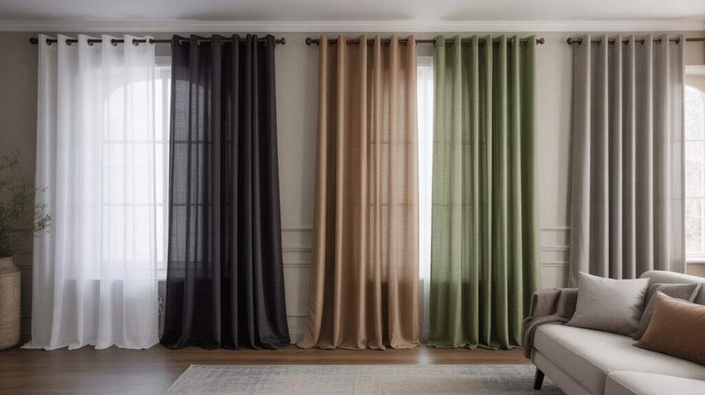 Trendy curtains for the living room in multiple colours, including white, black, beige, green, and grey, creating a modern and stylish home interior.