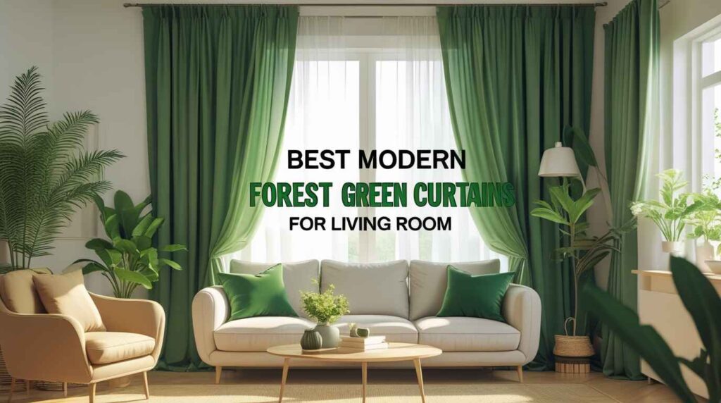 A stylish modern living room with elegant forest green curtains, neutral-toned furniture, and lush indoor plants. Sunlight filters softly through the window, creating a warm and cosy atmosphere. Text on the image reads “Best Forest Green Curtains for Living Room.”