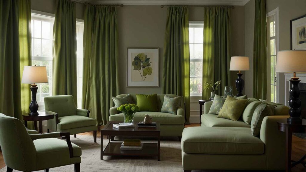 Elegant living room decorated with the best green curtains for the living room, featuring soft natural light, matching furniture, and a cosy, stylish atmosphere.