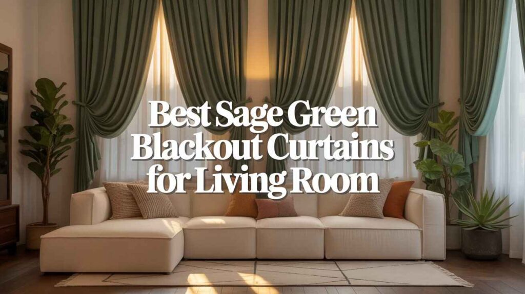 A modern living room with large windows styled with elegant sage green blackout curtains, paired with a beige sectional sofa and indoor plants. Best sage green blackout curtains for the living room.