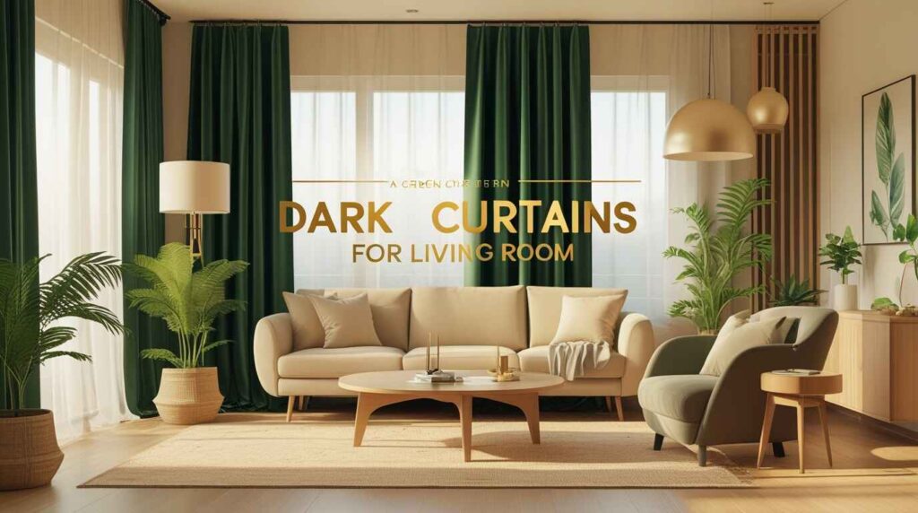 A stylish modern living room featuring elegant dark green curtains, a soft beige sofa, a wooden coffee table, indoor plants, and warm natural lighting—creating a cozy, luxurious, and inviting home décor scene.