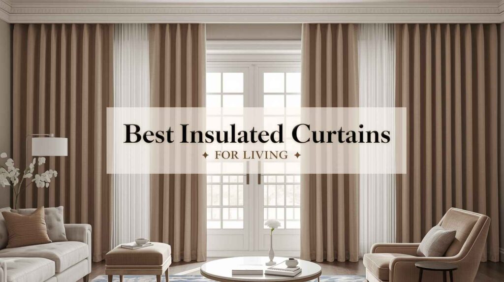 A stylish modern living room featuring elegant energy-efficient curtains in beige tones, enhancing warmth, privacy, and contemporary home décor.
