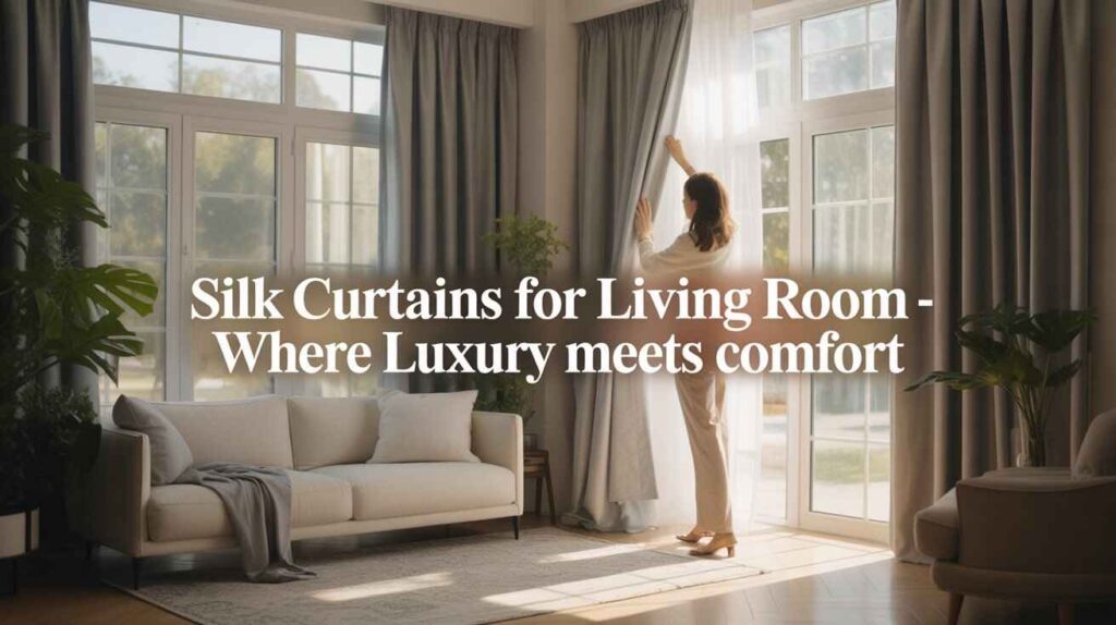 A woman gently adjusting elegant silk drapes for a living room in a cozy modern space filled with warm sunlight and stylish home décor.