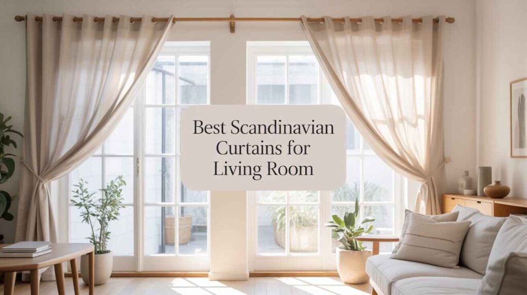 Bright and airy living room with light-filtering Nordic-style curtains, wooden furniture, and neutral decor creating a cozy minimalist atmosphere.