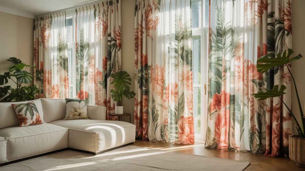 Sunlit modern living room featuring large windows with botanical-patterned curtains, a cozy beige sectional sofa, indoor plants, and soft natural lighting.