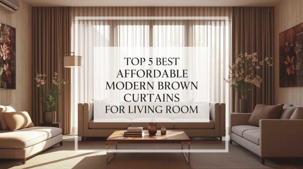 Elegant living room with floor-to-ceiling brown curtains and soft beige furniture, featuring warm natural light and floral décor that adds a cozy, modern touch to the space.