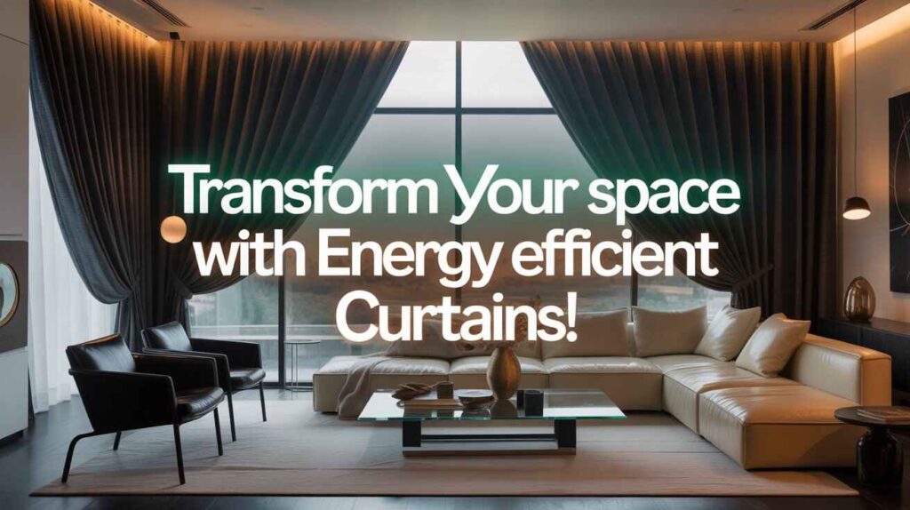 Modern living room with elegant, thermally insulated curtains, large glass windows, a cozy sectional sofa, and soft ambient lighting creating a stylish, comfortable atmosphere.