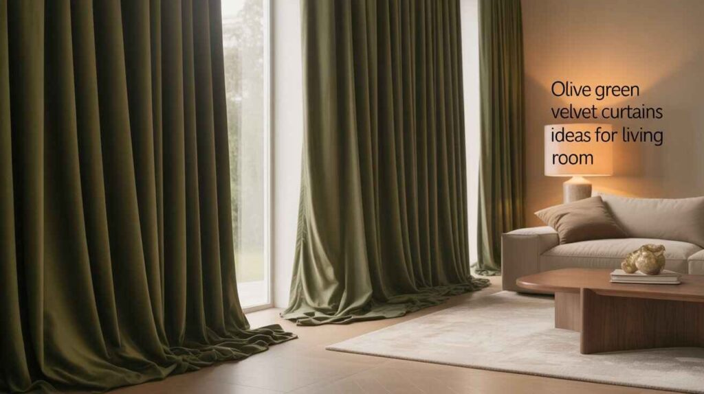 Elegant olive green curtains for the living room featuring soft velvet drapes, a cozy beige sofa, a wooden coffee table, and warm lamp lighting that creates a sophisticated and inviting modern interior.