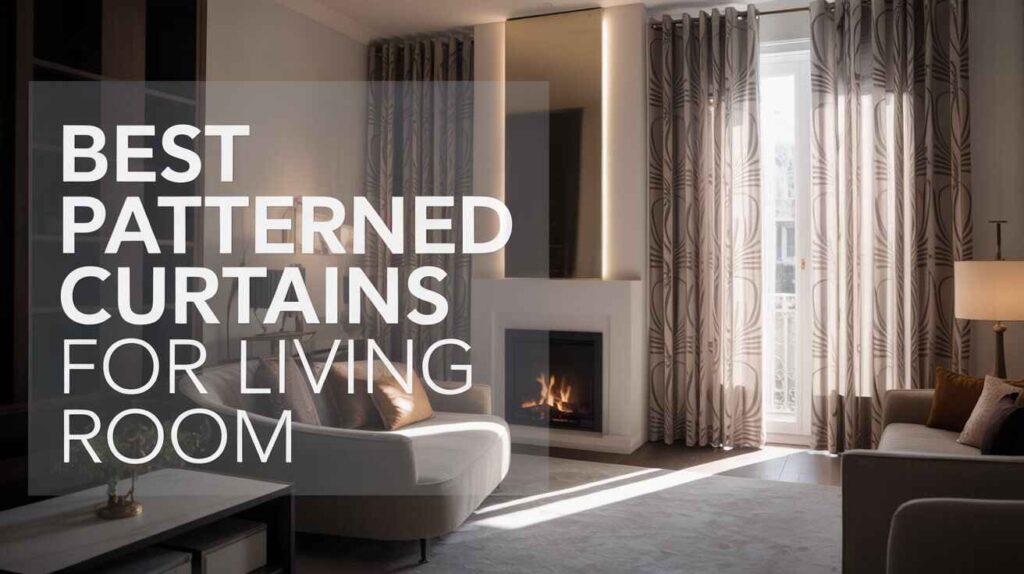Elegant living room with modern patterned curtains and cosy fireplace, showcasing stylish patterned curtains for modern living room décor.