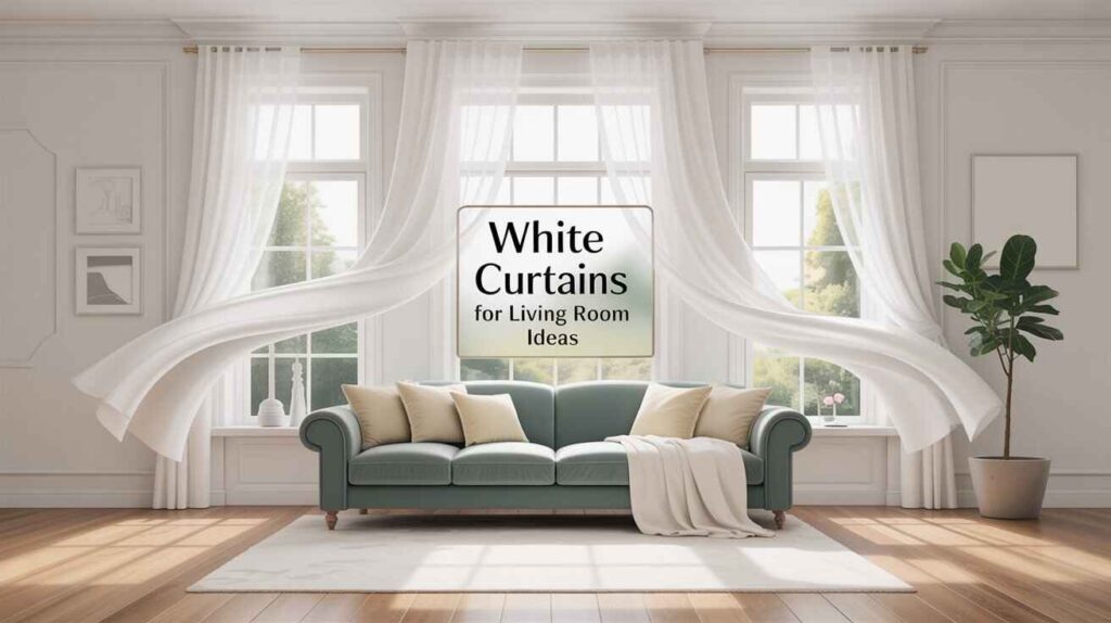 Elegant living room with large windows featuring flowing white curtains, a soft beige sofa, an indoor plant, and natural sunlight—perfect white curtain ideas for living room décor.