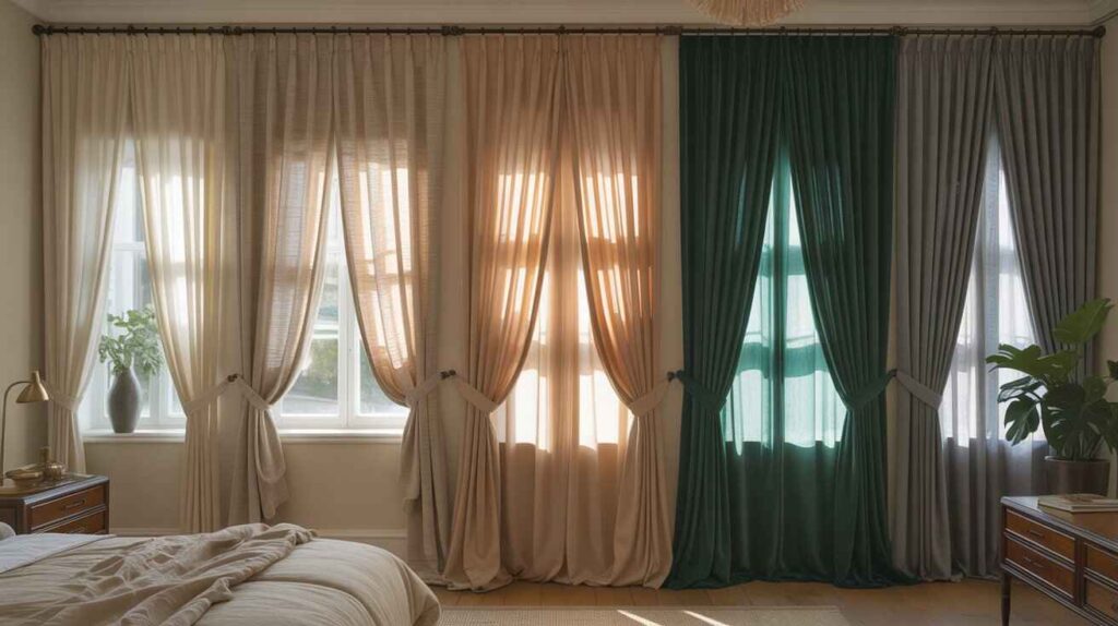 A cozy and elegant bedroom interior showcasing five types of curtains—cotton, linen, silk, velvet, and polyester—each in different colors. Natural light filters through the windows, highlighting the unique textures and drape of each fabric. The room features a neatly made bed, wooden nightstands, and potted plants for a warm, stylish atmosphere.