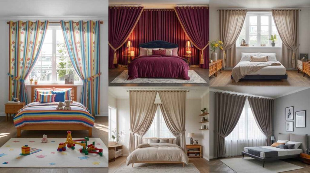 Different bedroom curtain styles for kids, master, guest, small, and apartment rooms, showing various fabrics, colors, and light effects in cozy interiors.