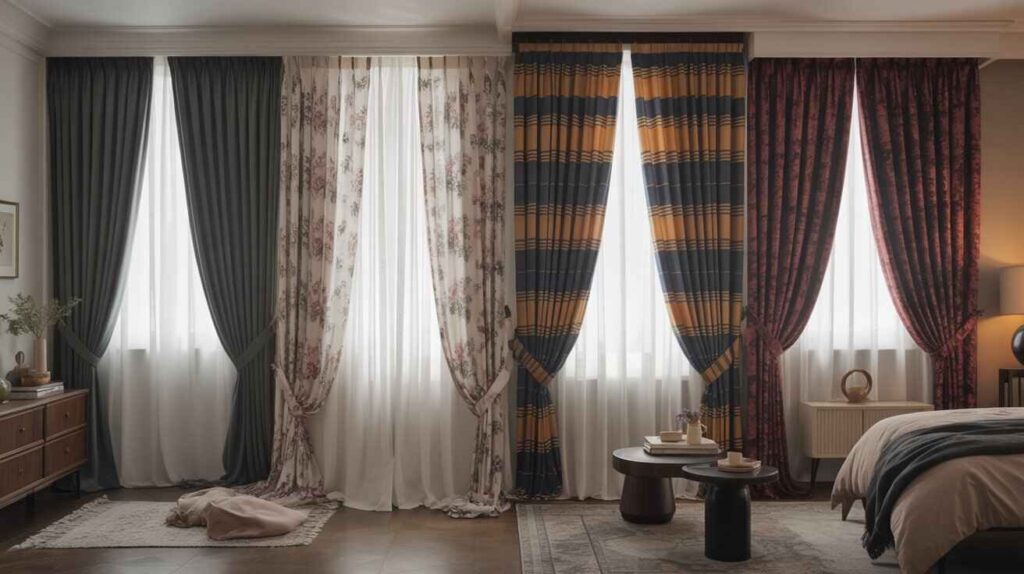 Elegant bedroom interior showcasing four different curtain styles, including dark solid, floral patterned, striped, and rich velvet designs. Each curtain highlights unique colors, textures, and draping, with natural light filtering through white sheer layers. The cozy setting includes a bed, nightstand, and decorative accents, creating a warm and stylish atmosphere perfect for home décor inspiration.