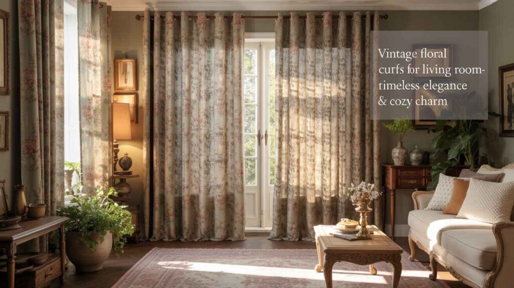 Classic floral drapes for the living room create a vintage-inspired atmosphere with soft sunlight filtering through elegant patterned curtains, warm-toned furniture, and cozy traditional décor.
