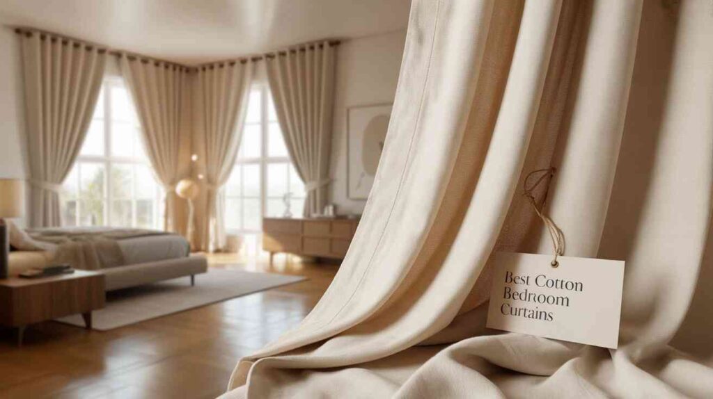 Soft beige cotton curtains for the bedroom are displayed in a cozy modern room with large windows and warm natural lighting, showing close-up fabric details.
