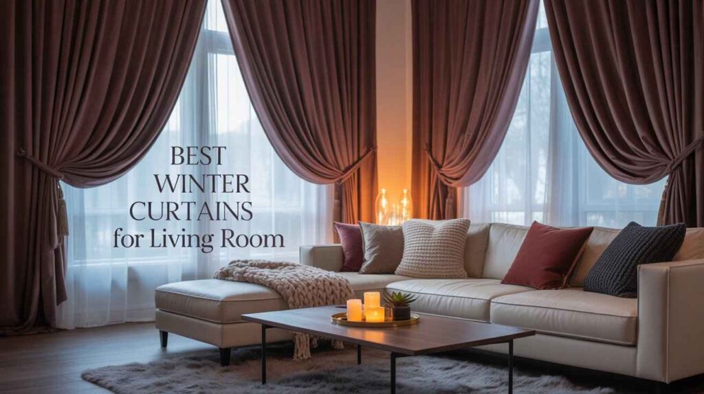 A stylish modern living room featuring thick thermal drapes and elegant winter-style curtains that create a warm, cozy atmosphere with soft lighting, layered fabrics, and a comfortable neutral-toned sofa.