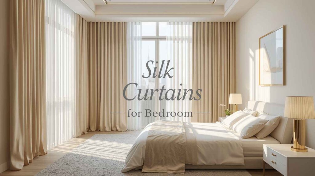 A bright and elegant bedroom featuring long beige silk window curtains paired with sheer panels, natural sunlight filling the room, a cozy bed with white bedding, and gold lamps creating a warm and luxurious atmosphere.