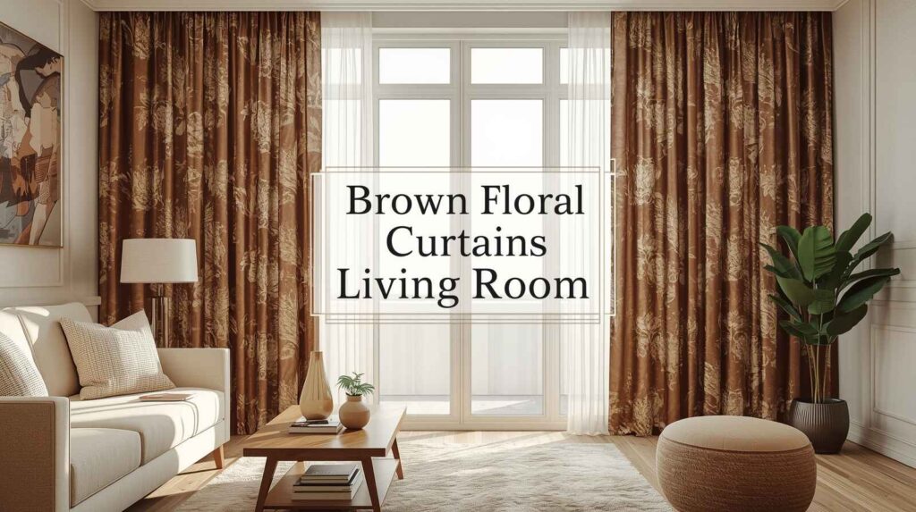 A cozy modern living room featuring brown patterned curtains with floral designs, paired with a cream sofa, wooden coffee table, indoor plant, and warm natural lighting, creating an elegant and inviting home décor atmosphere.