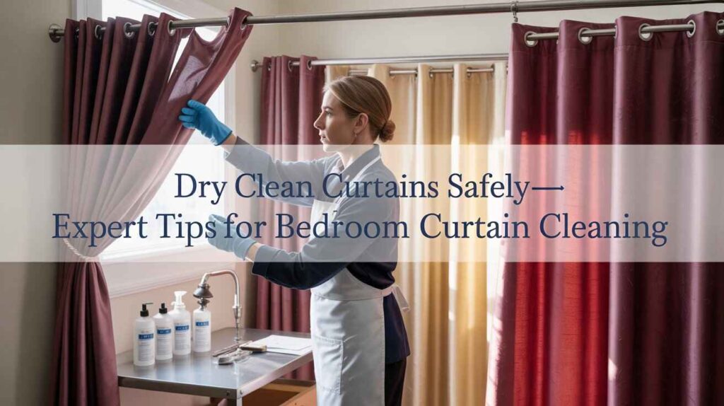 A professional cleaner wearing gloves carefully dry-cleaning bedroom curtains in a well-lit room, demonstrating expert professional bedroom curtain cleaning.