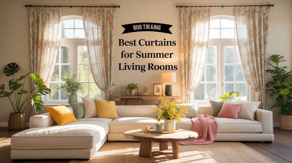 Bright and cozy summer living room with floral sheer curtains, large arched windows, a white sofa with colorful cushions, indoor plants, and warm natural sunlight creating a fresh and airy atmosphere.