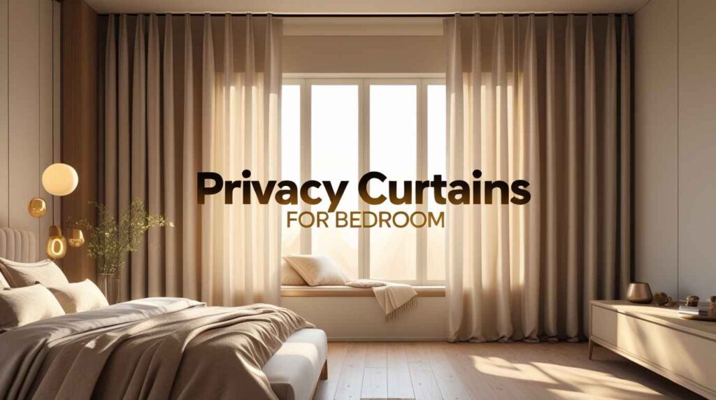 A stylish modern bedroom featuring a soft beige privacy curtain for the bedroom, filtering warm natural light through large windows. The room includes a cozy bed, a window bench with pillows, golden pendant lights, and minimal décor, creating a calm, private, and elegant atmosphere.