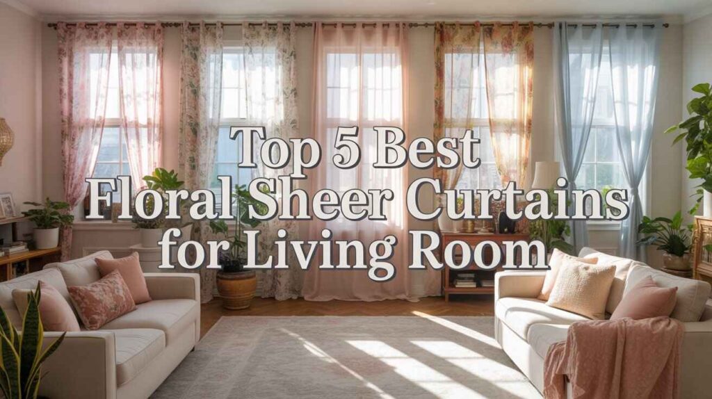 A bright and cosy living room featuring sheer floral curtains for the living room in soft pastel shades, sunlight streaming through large windows, elegant sofas with matching cushions, indoor plants, and a warm, inviting interior design style.