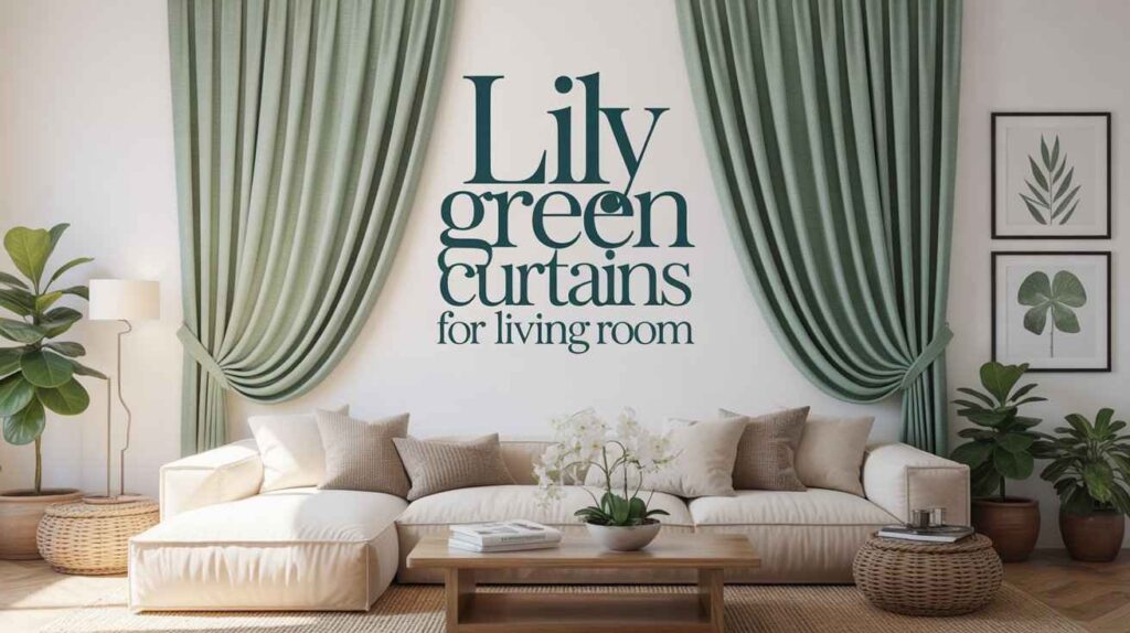 Modern living room with soft green drapes framing a white sofa, wooden coffee table, and botanical wall art, creating a cozy natural aesthetic.