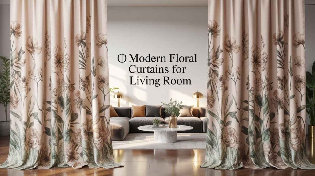 Elegant living room with stylish botanical floral curtains framing a cozy modern sofa set, featuring warm tones, natural light, and artistic flower-patterned drapes for a contemporary home decor look.