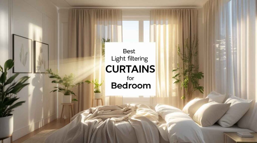 A cozy modern bedroom with soft sunlight streaming through beige sheer drapes, showcasing the top light filtering curtains for the bedroom. The room features elegant white bedding, indoor plants, and minimalist wall decor, creating a bright and peaceful atmosphere.