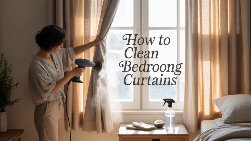 A woman using a handheld steamer for bedroom curtain cleaning in a bright, modern room with beige curtains and natural sunlight.