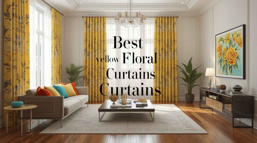 Elegant modern living room with large windows decorated with yellow floral curtains, colorful cushions on a beige sofa, wooden flooring, a stylish coffee table, and wall art enhancing the cozy and bright ambiance of the modern living space.