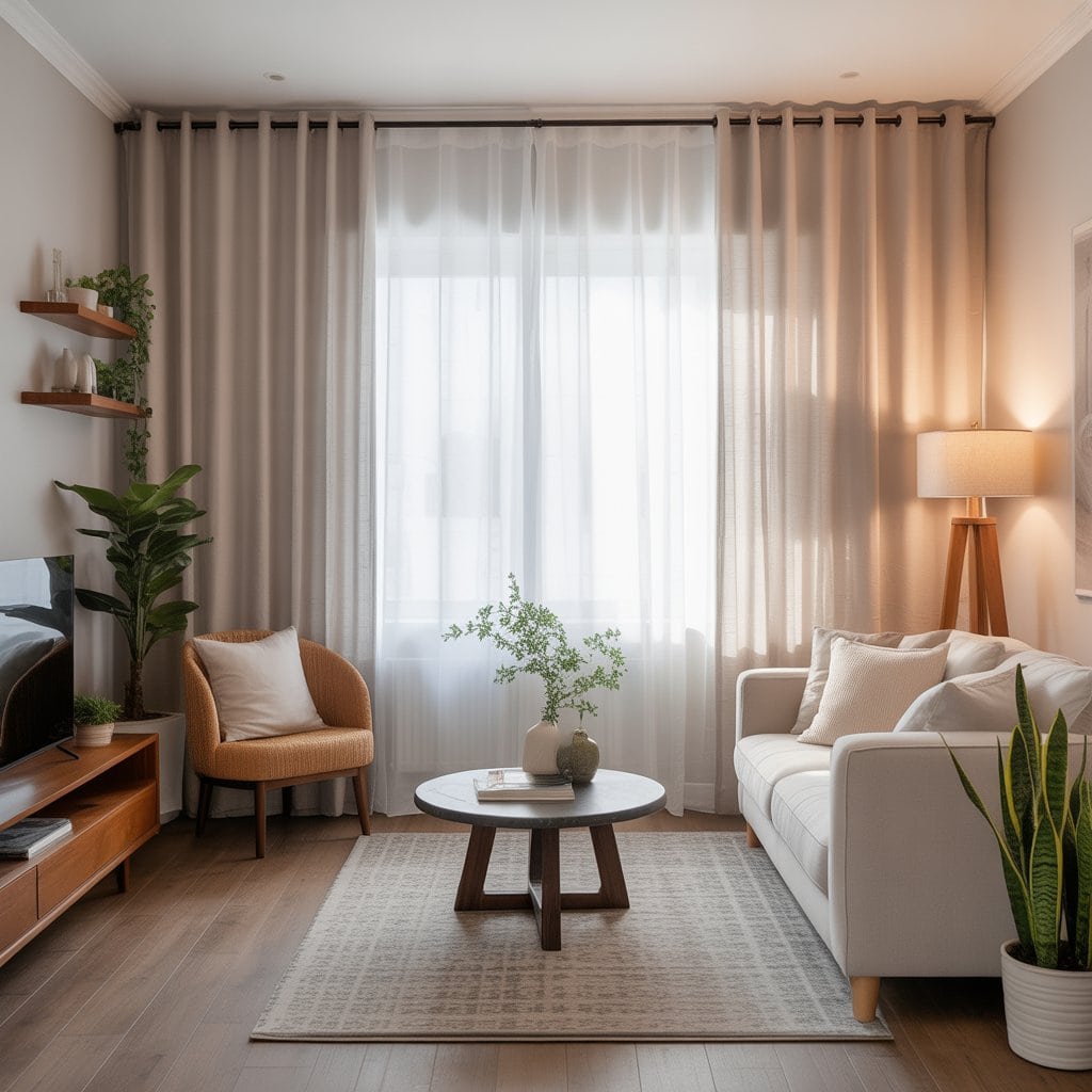 A stylish contemporary living room featuring neutral-toned curtains layered with light sheer panels, gently welcoming natural sunlight into the space. The space features a cozy beige sofa, indoor plants, a round wooden coffee table, a floor lamp, and wooden flooring—creating a calm, stylish, and natural ambiance.