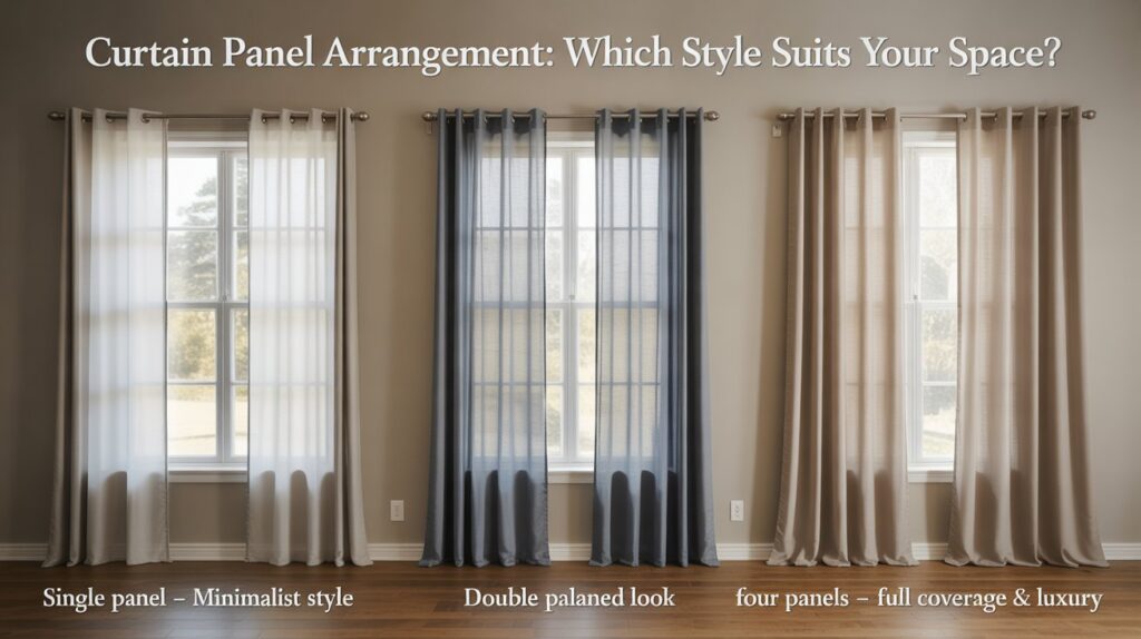 Curtain panel arrangement showing single, double, and four-panel styles for window dressing