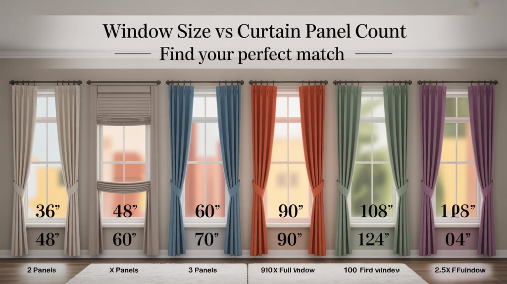 A visual curtain size guide by window width, showing how many curtain panels are recommended for different window sizes, including 36", 60", 90", and 108" widths.