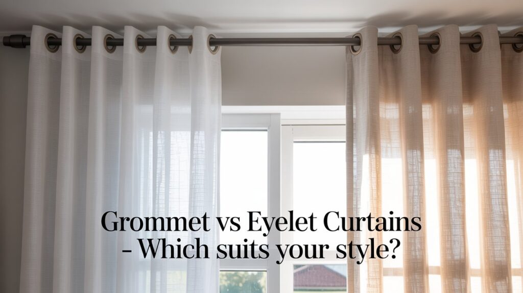 Side-by-side view of grommet curtains vs. eyelet curtains in a modern interior, showing the visual differences between grommet curtains and eyelet curtains.