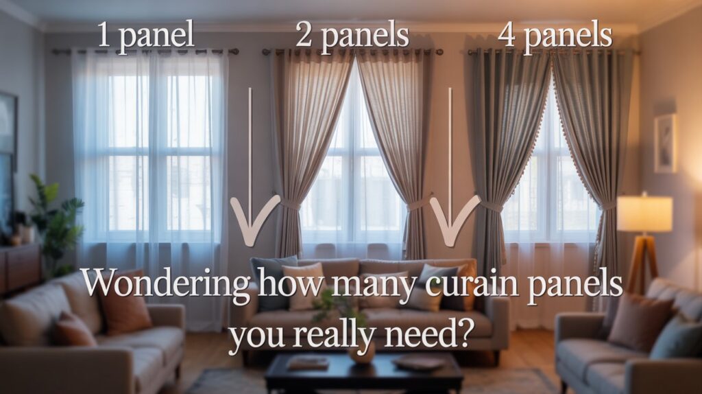 Living room showing side-by-side curtain panel comparison with 1, 2, and 4 panels to help visualize how many curtain panels you need for different levels of fullness.
