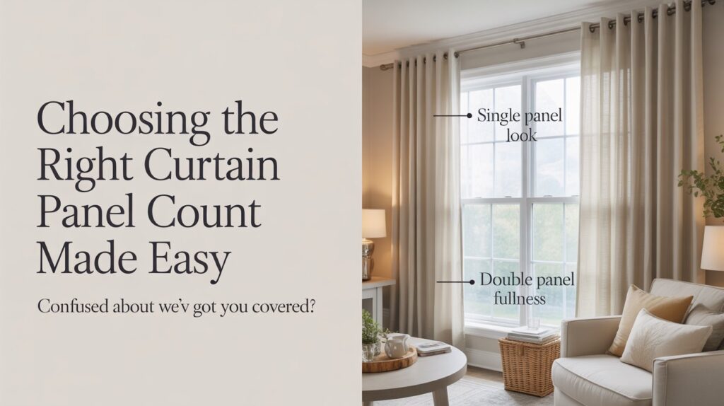 A living room window showing a side-by-side curtain fullness comparison, illustrating the difference between single-panel and double-panel setups to help answer how many curtain panels I need.